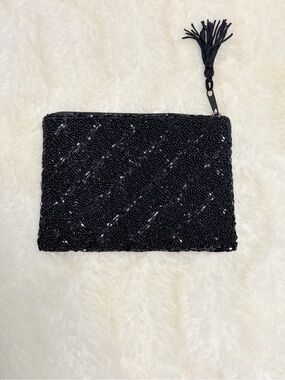 Lancome Small Evening Bag--Black Beaded Tassel Purse, Lined NEW!